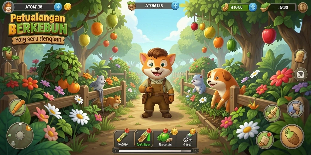 Tangkapan layar gameplay ATOM138 memperlihatkan ladang hijau subur dan alat canggih.