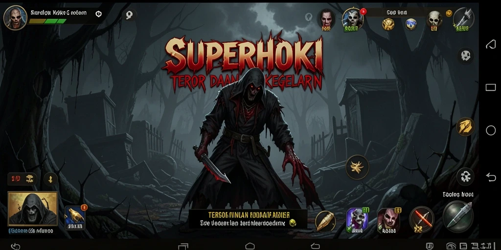Tangkapan layar utama SUPERHOKI menampilkan suasana menyeramkan dan gameplay yang menegangkan.